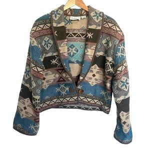 Vintage Flashback Southwest Aztec Cropped Jacket - Large - Tapestry 90s Boho